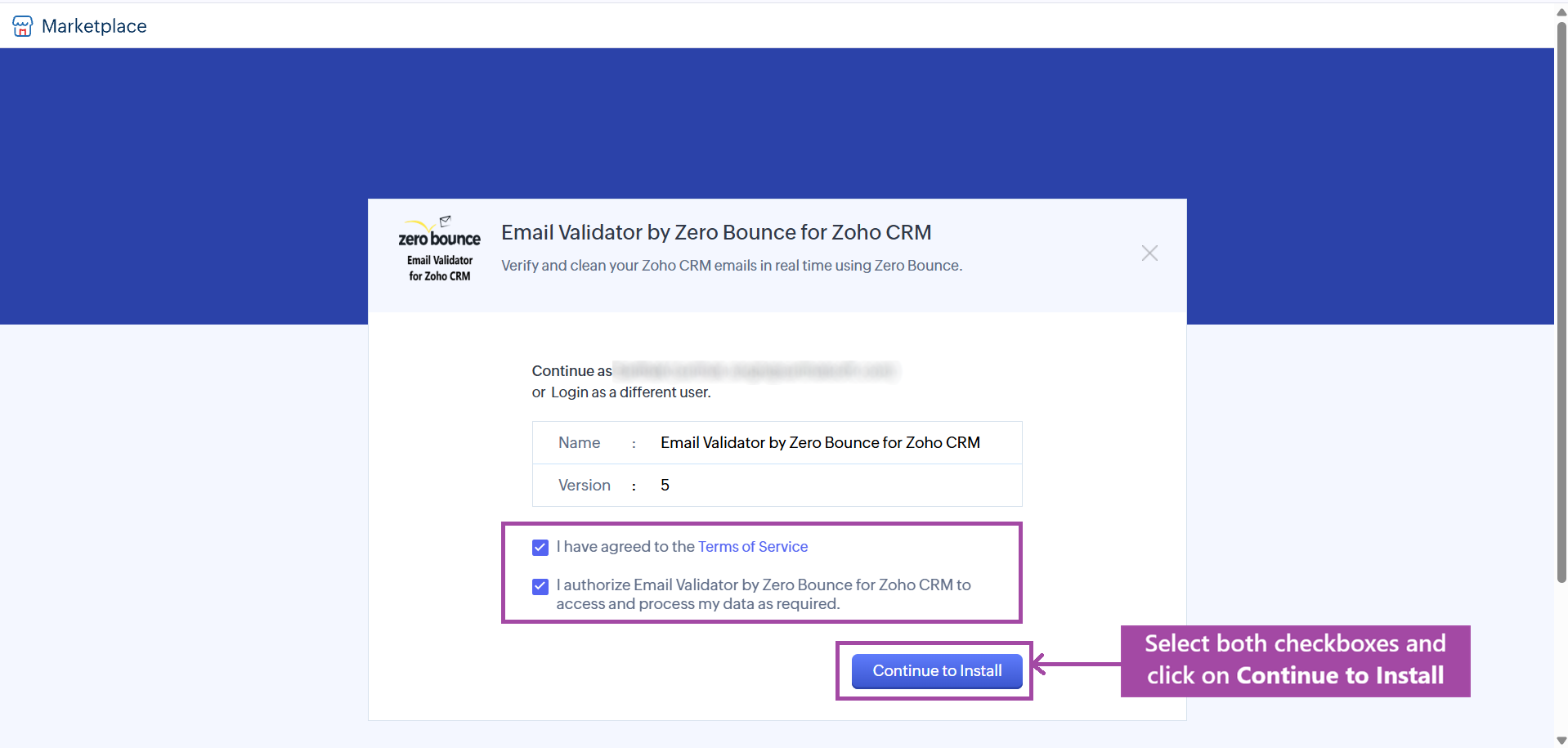 Select checkboxes and Click on Install and Continue