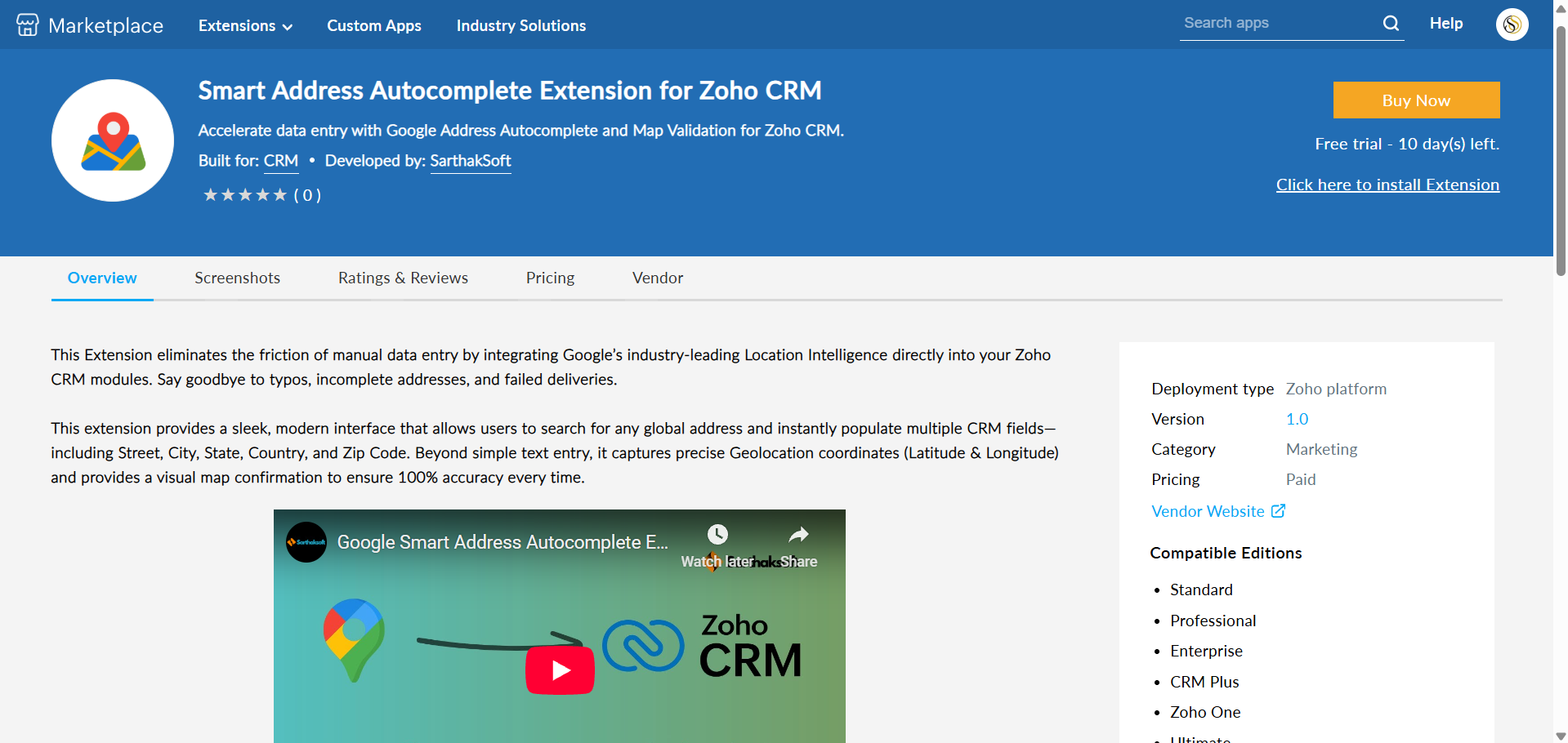 Zoho CRM address autocomplete dropdown powered by Google Places.