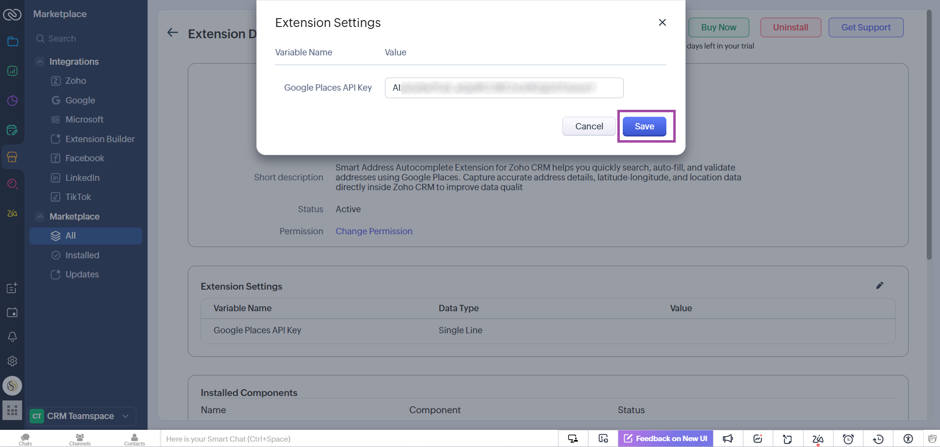 Zoho CRM address autocomplete dropdown powered by Google Places.