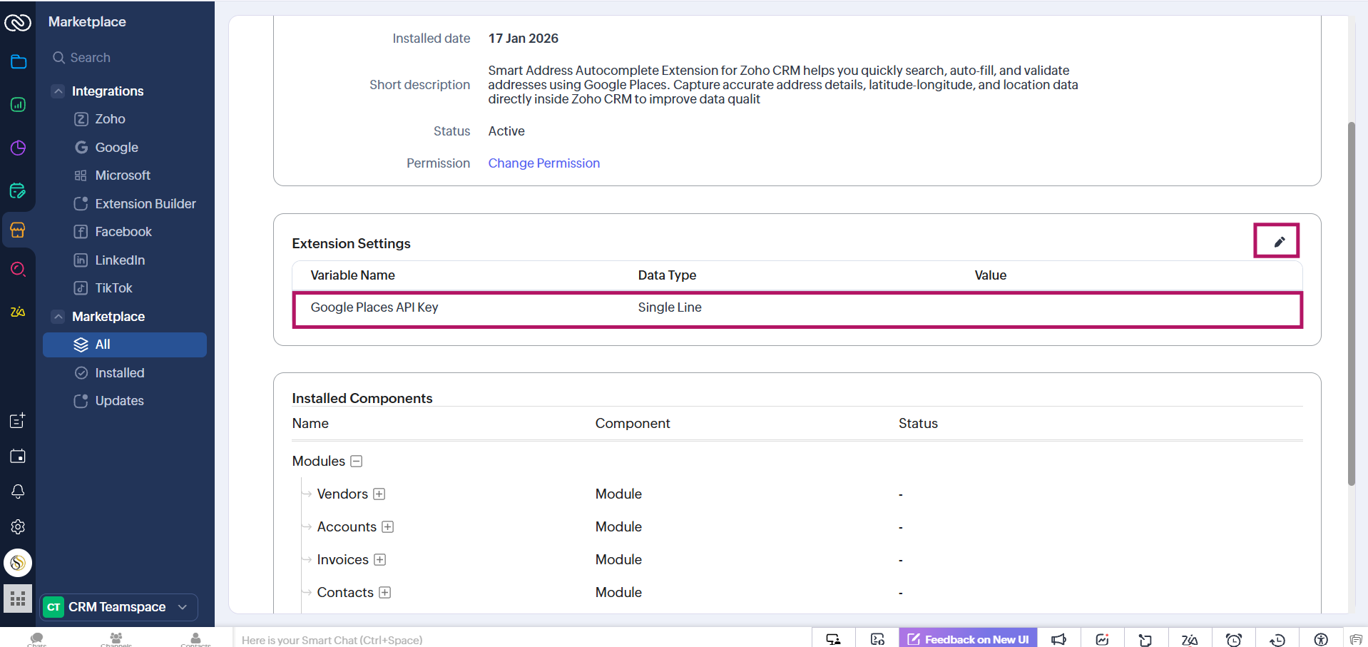 Zoho CRM address autocomplete dropdown powered by Google Places.