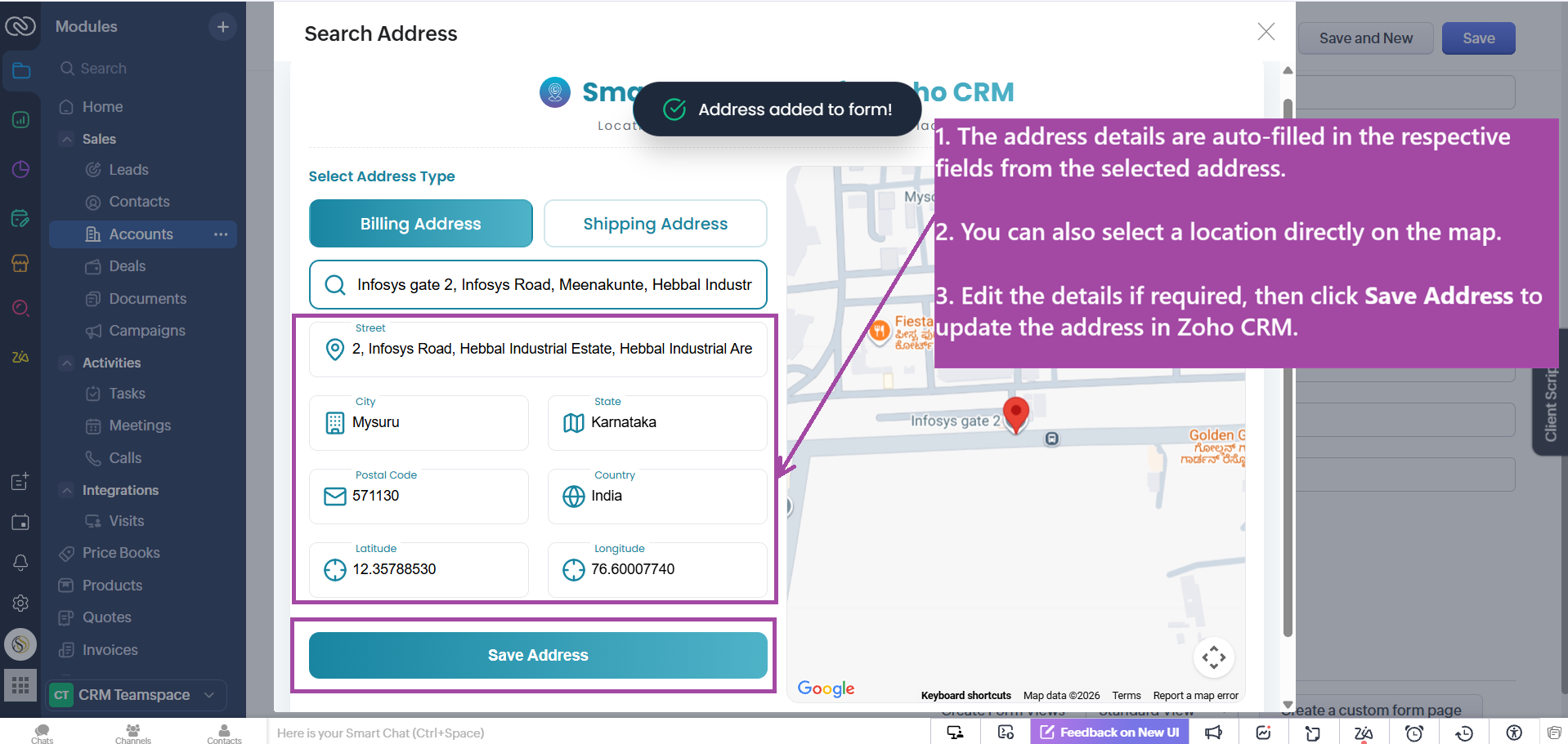 Interactive map validation with draggable pin in Zoho CRM