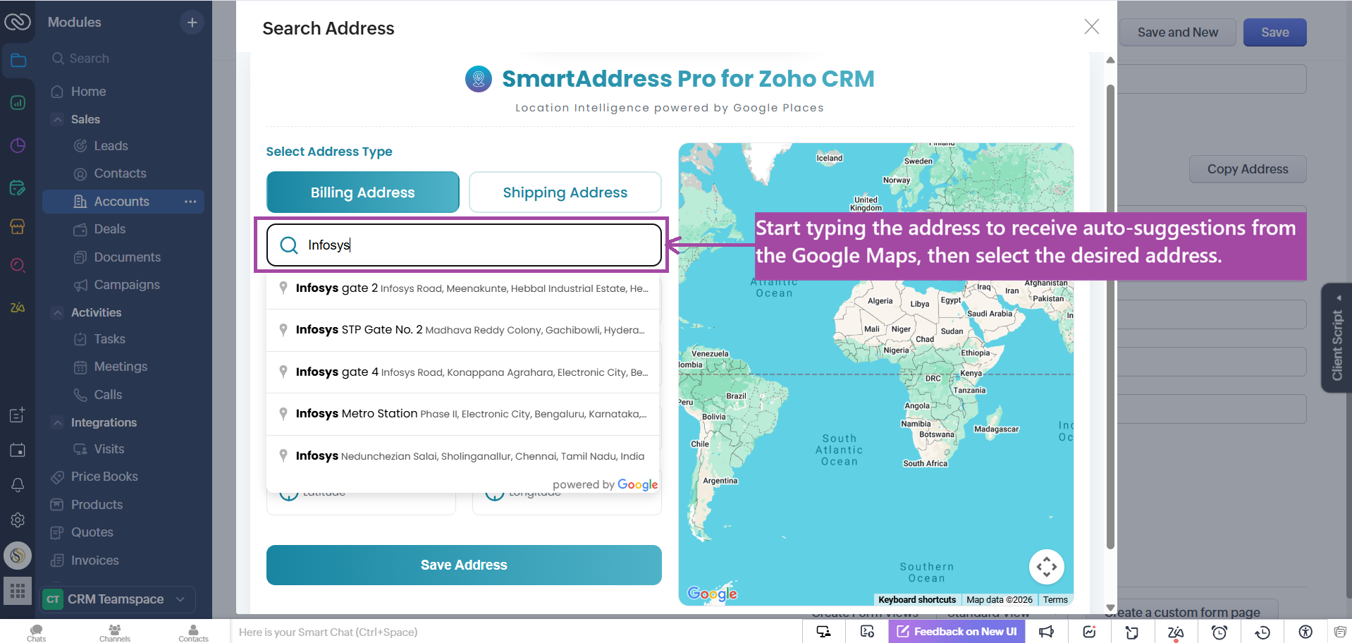 Interactive map validation with draggable pin in Zoho CRM