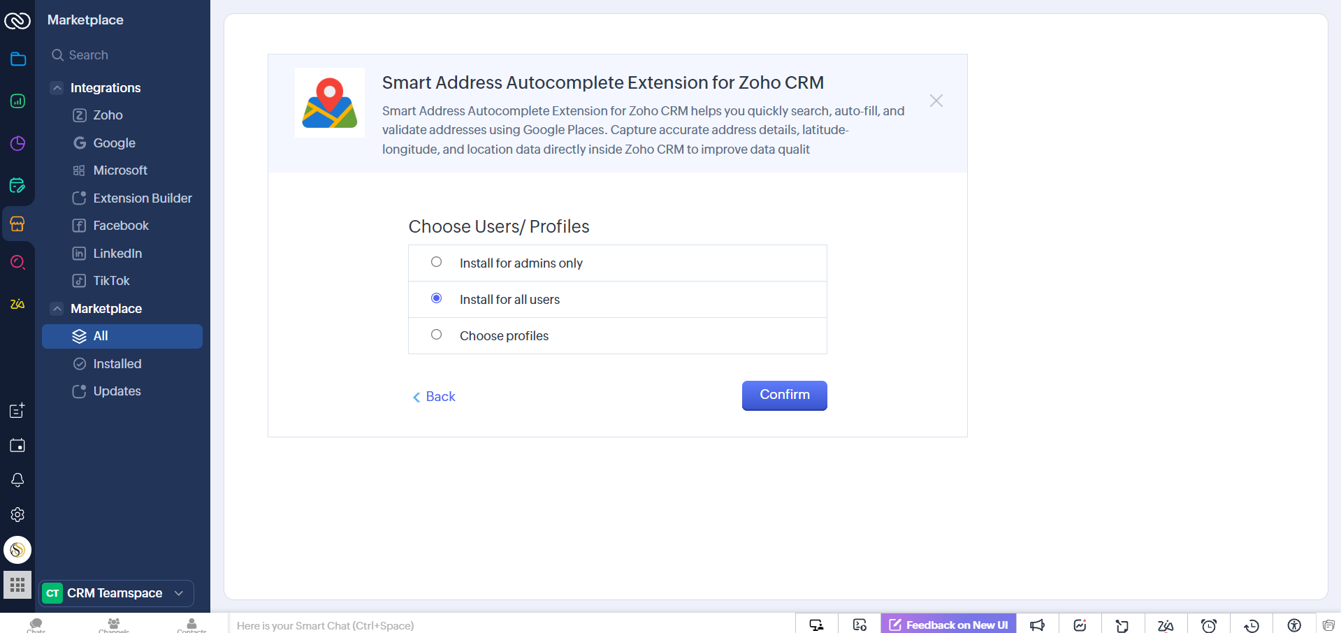 Zoho CRM address autocomplete dropdown powered by Google Places.