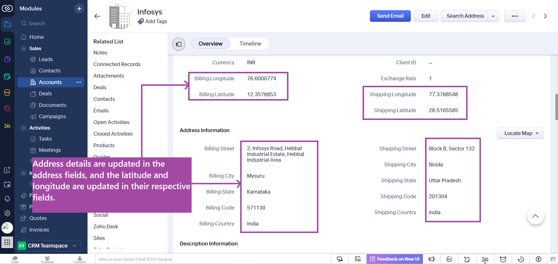 Interactive map validation with draggable pin in Zoho CRM